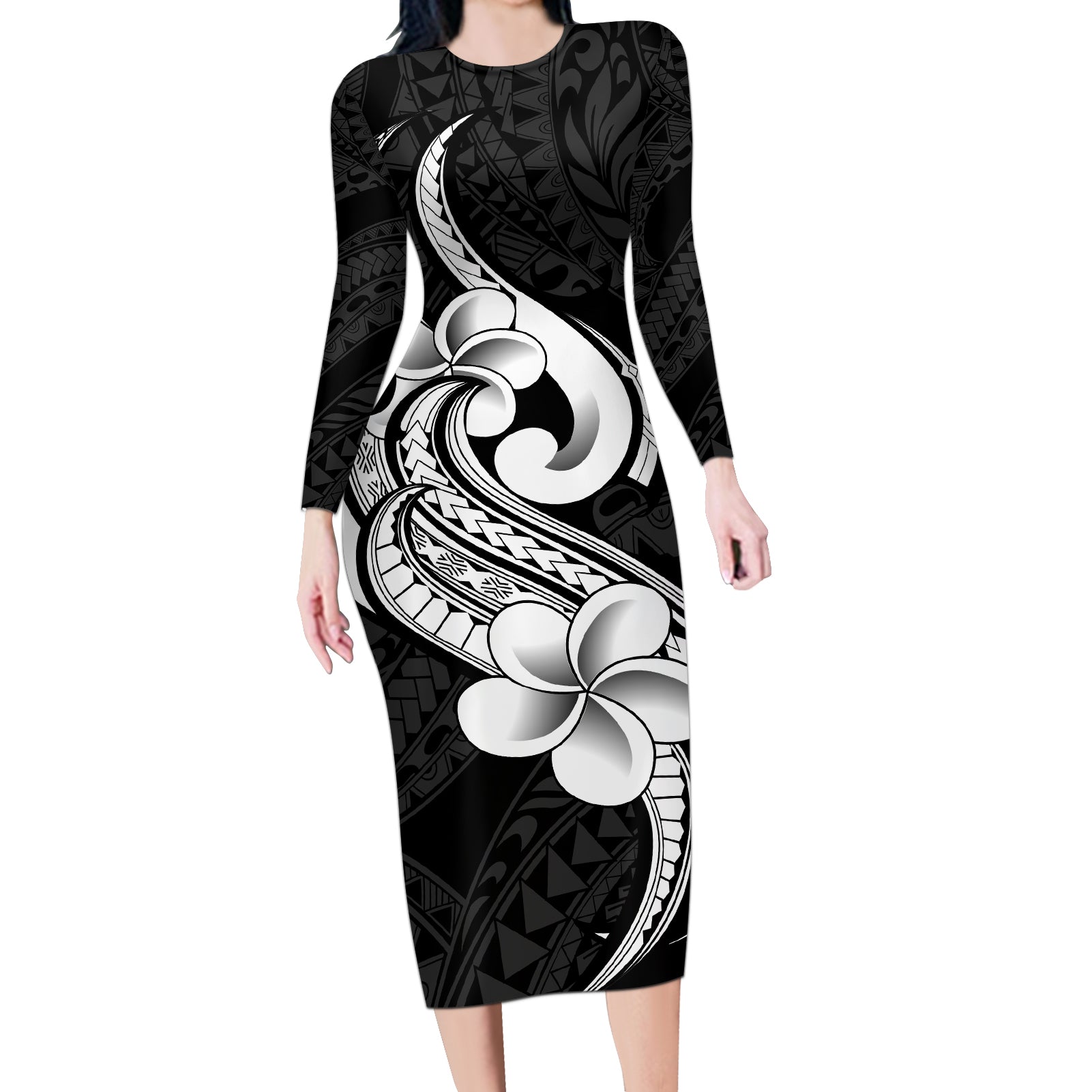 Polynesia Long Sleeve Bodycon Dress Plumeria With Tribal Pattern Black Vibes - Wonder Print Shop