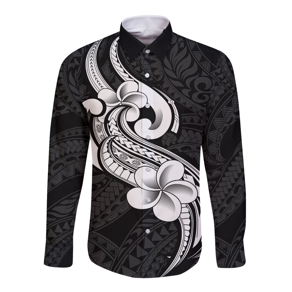 Polynesia Long Sleeve Button Shirt Plumeria With Tribal Pattern Black Vibes - Wonder Print Shop