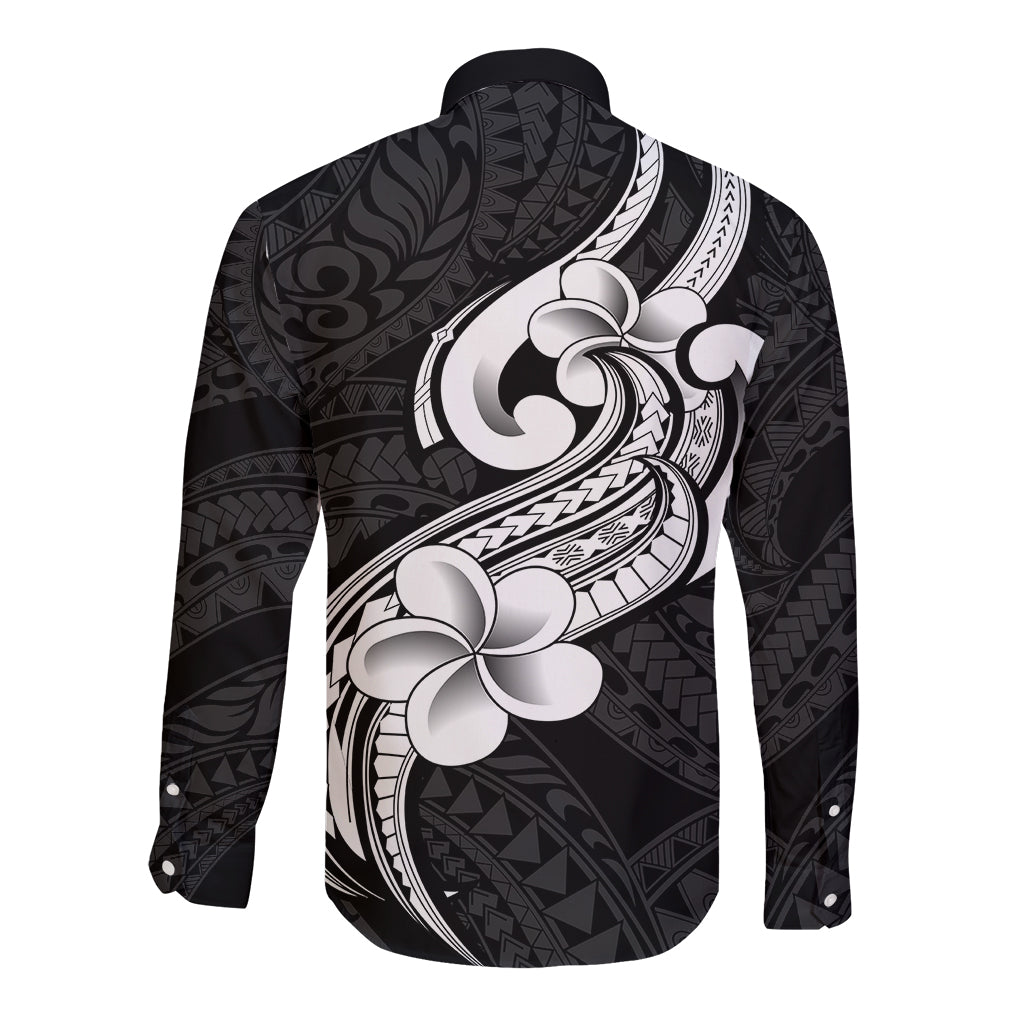 Polynesia Long Sleeve Button Shirt Plumeria With Tribal Pattern Black Vibes - Wonder Print Shop