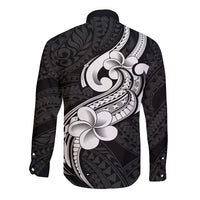 Polynesia Long Sleeve Button Shirt Plumeria With Tribal Pattern Black Vibes - Wonder Print Shop