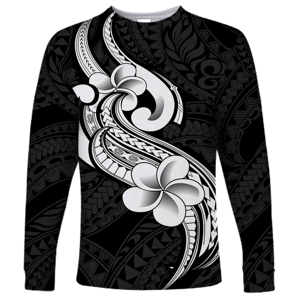 Polynesia Long Sleeve Shirt Plumeria With Tribal Pattern Black Vibes - Wonder Print Shop