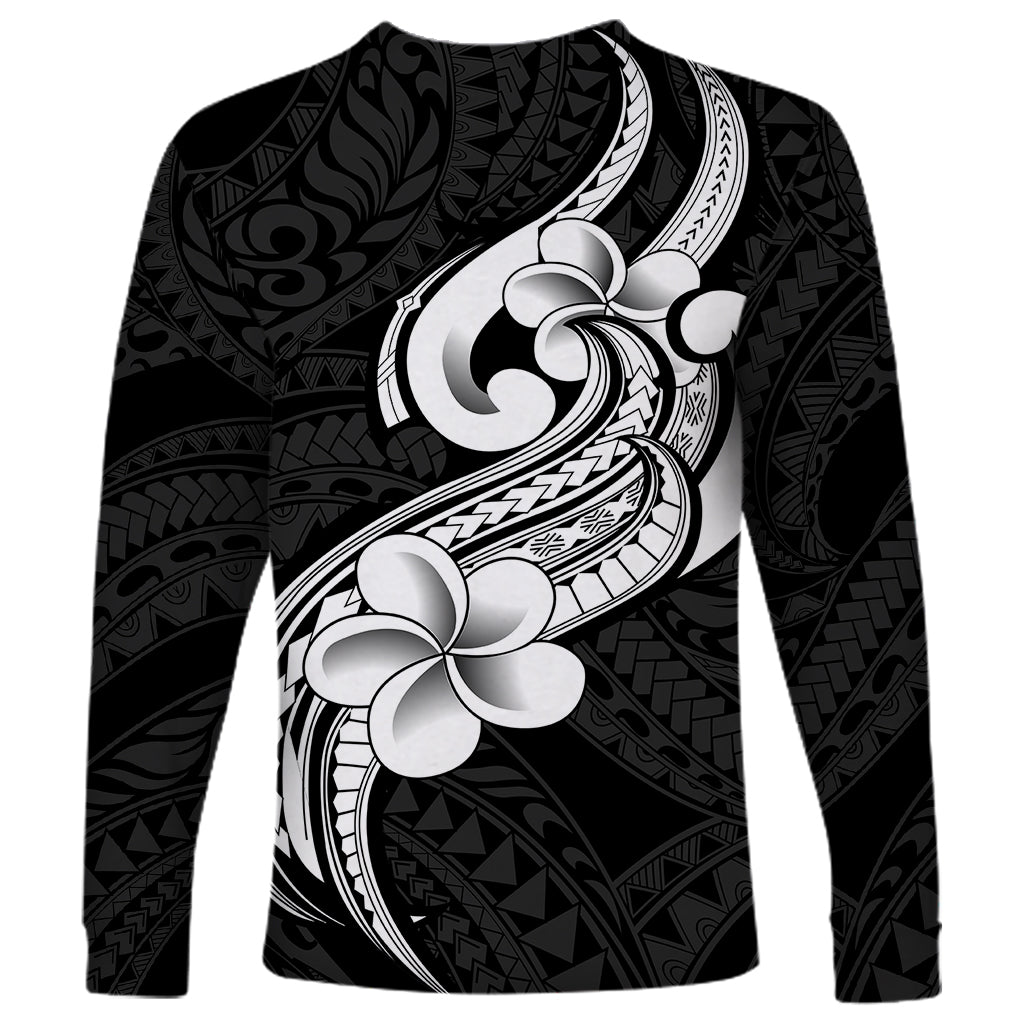 Polynesia Long Sleeve Shirt Plumeria With Tribal Pattern Black Vibes - Wonder Print Shop