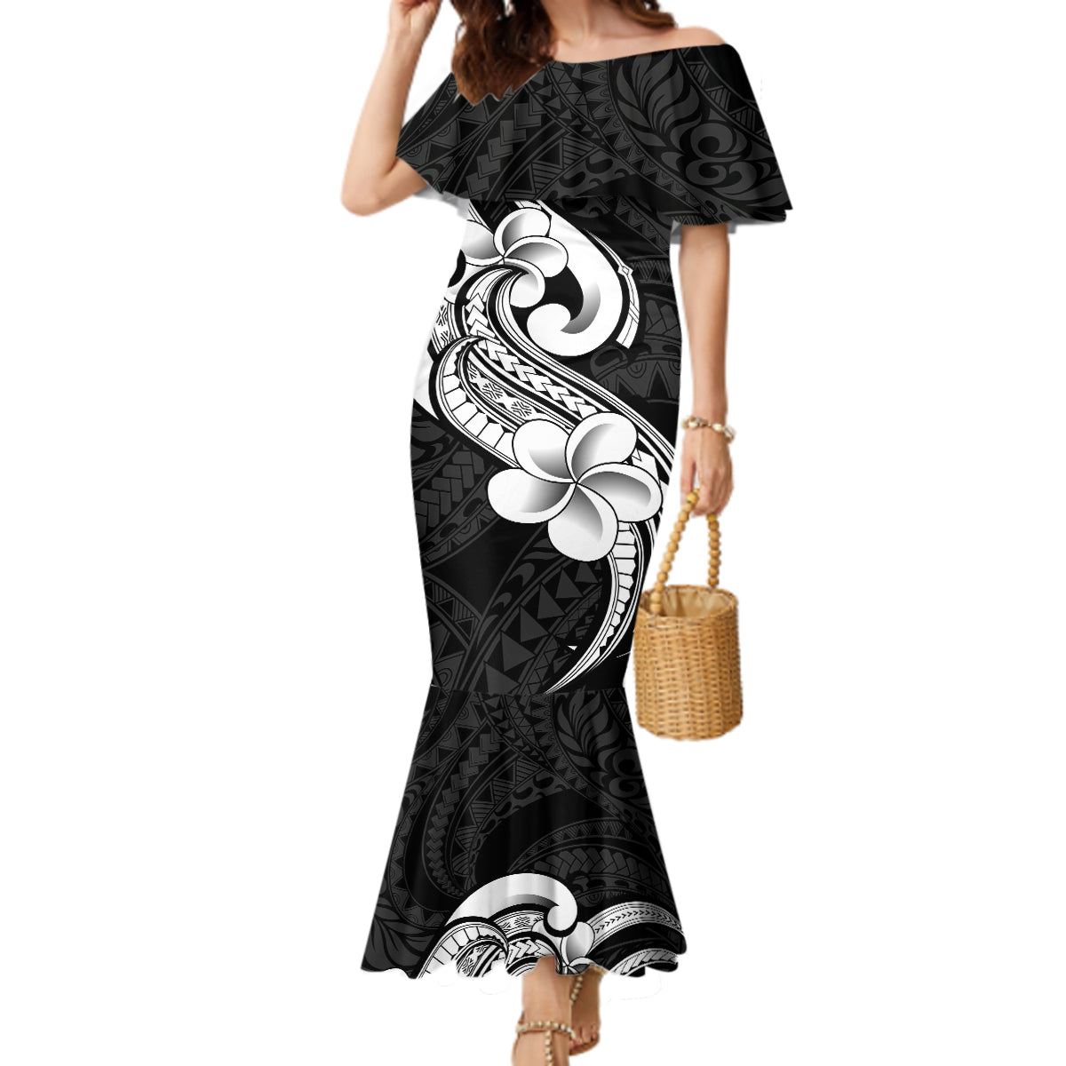 Polynesia Mermaid Dress Plumeria With Tribal Pattern Black Vibes - Wonder Print Shop