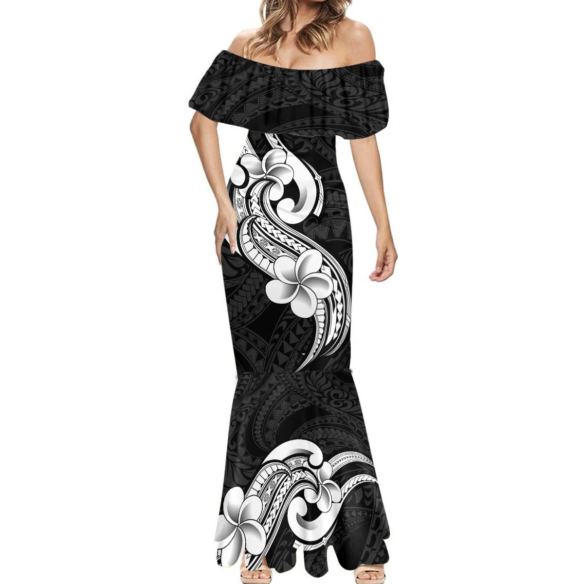 Polynesia Mermaid Dress Plumeria With Tribal Pattern Black Vibes - Wonder Print Shop