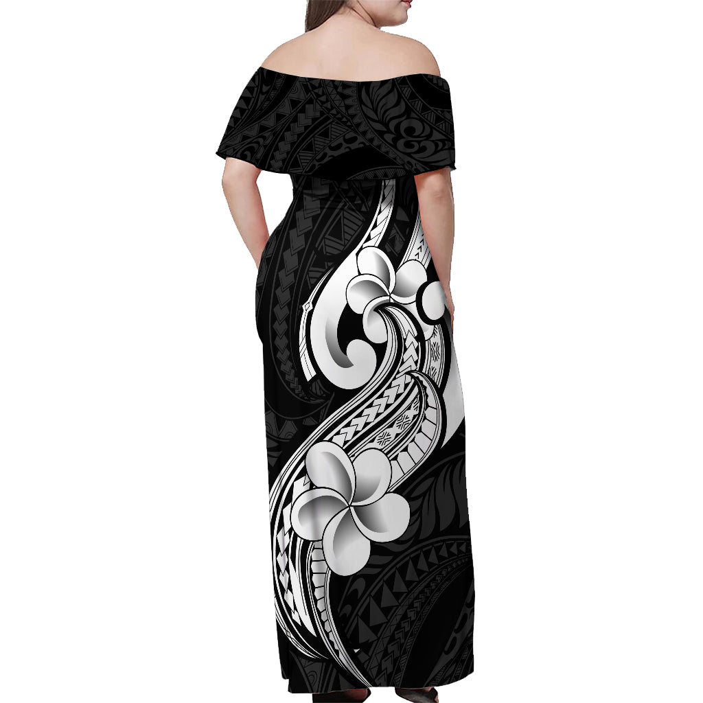 Polynesia Off Shoulder Maxi Dress Plumeria With Tribal Pattern Black Vibes - Wonder Print Shop