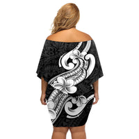Polynesia Off Shoulder Short Dress Plumeria With Tribal Pattern Black Vibes - Wonder Print Shop