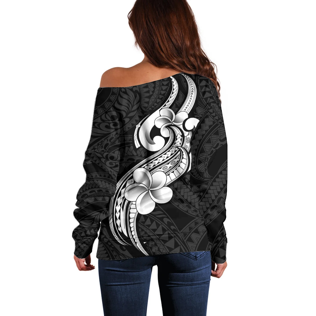 Polynesia Off Shoulder Sweater Plumeria With Tribal Pattern Black Vibes - Wonder Print Shop
