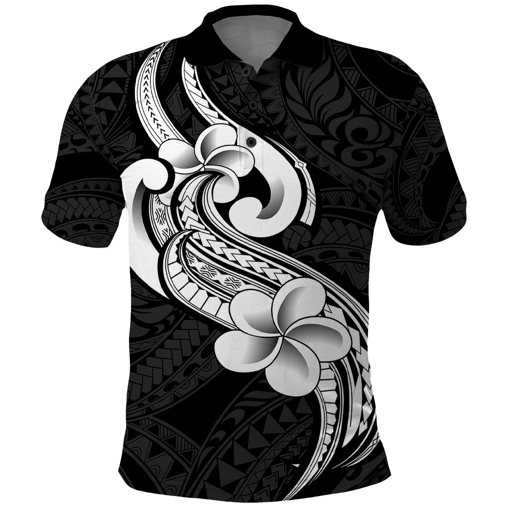 Polynesia Polo Shirt Plumeria With Tribal Pattern Black Vibes - Wonder Print Shop