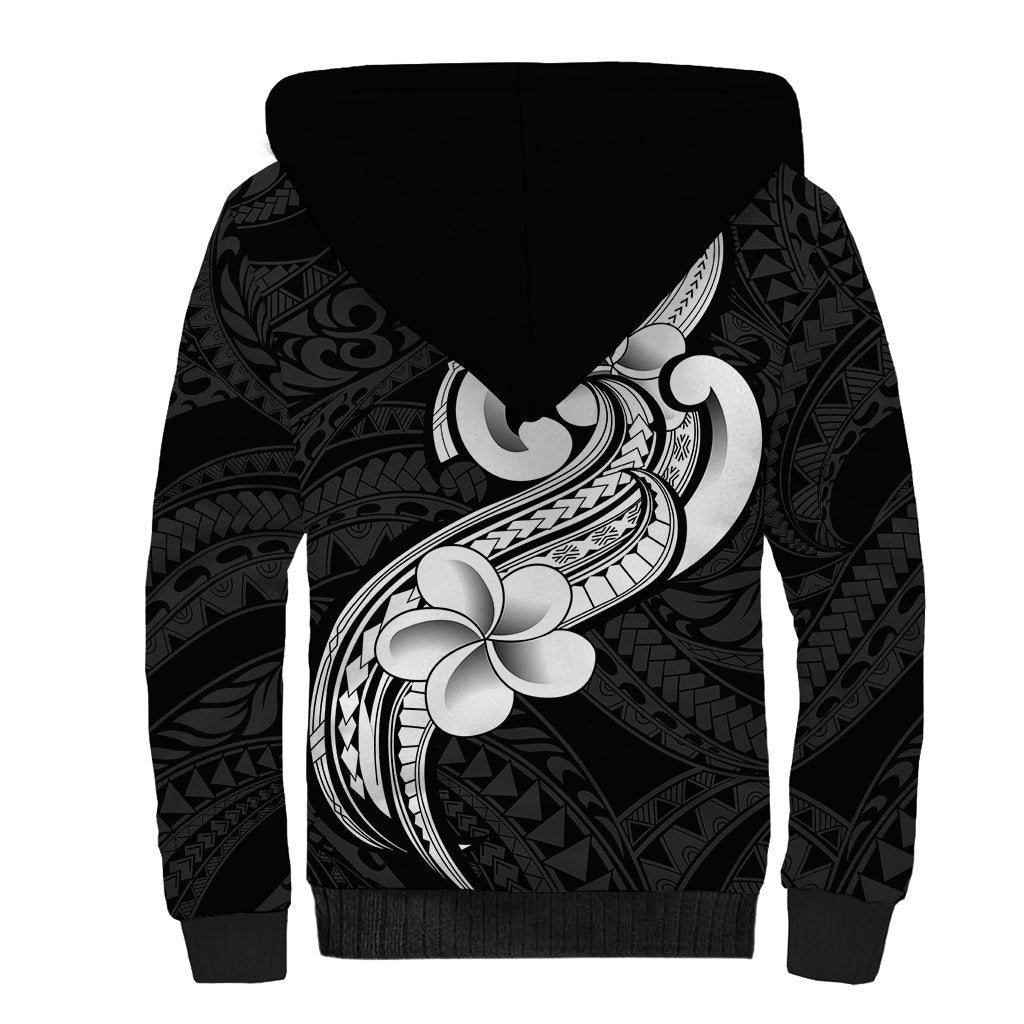 Polynesia Sherpa Hoodie Plumeria With Tribal Pattern Black Vibes - Wonder Print Shop