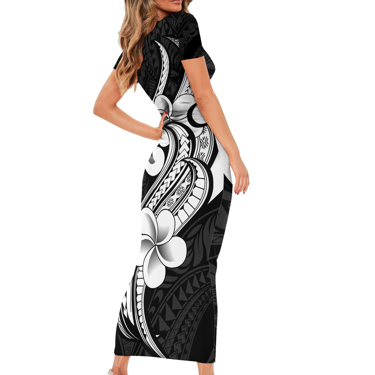 Polynesia Short Sleeve Bodycon Dress Plumeria With Tribal Pattern Black Vibes - Wonder Print Shop