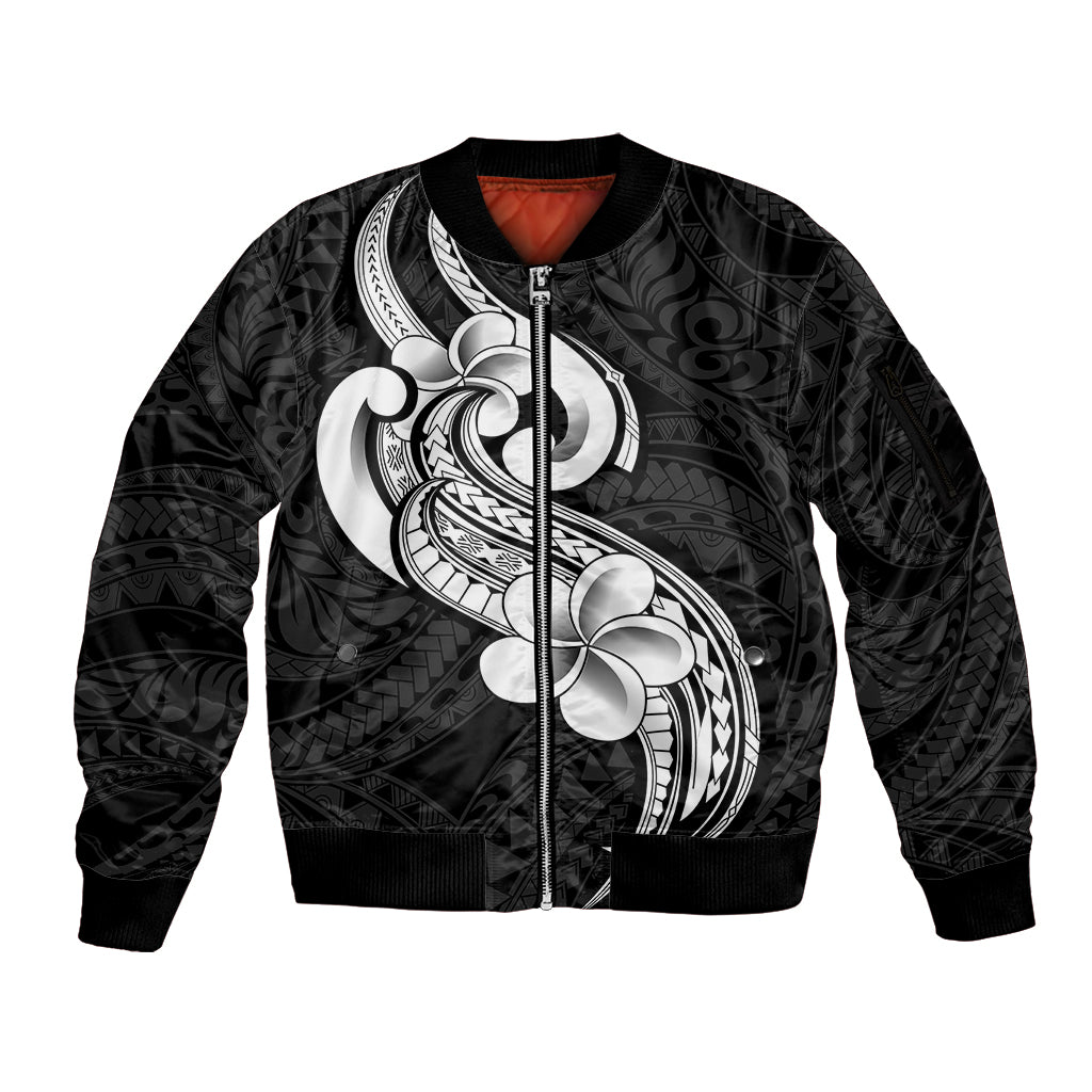 Polynesia Sleeve Zip Bomber Jacket Plumeria With Tribal Pattern Black Vibes - Wonder Print Shop