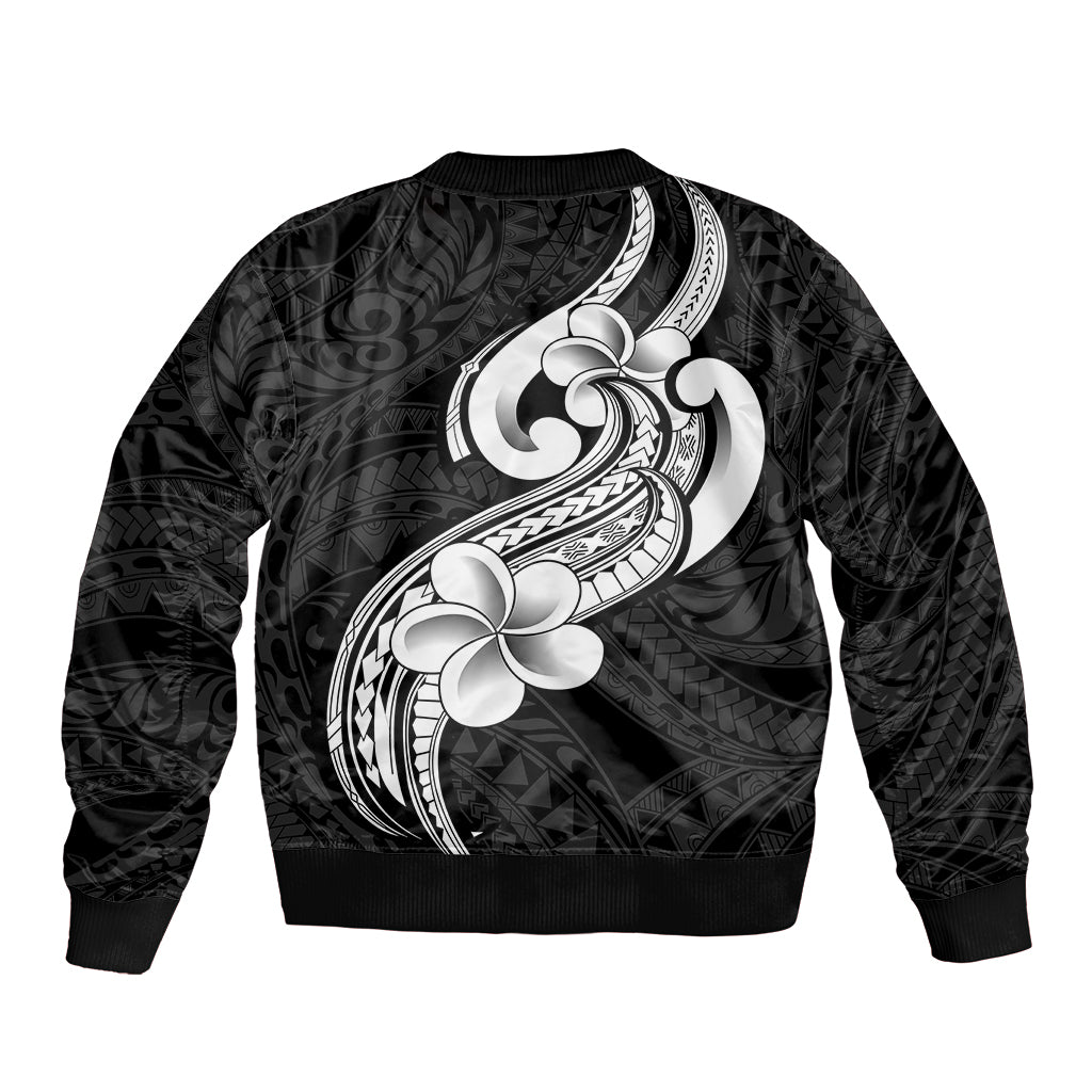Polynesia Sleeve Zip Bomber Jacket Plumeria With Tribal Pattern Black Vibes - Wonder Print Shop