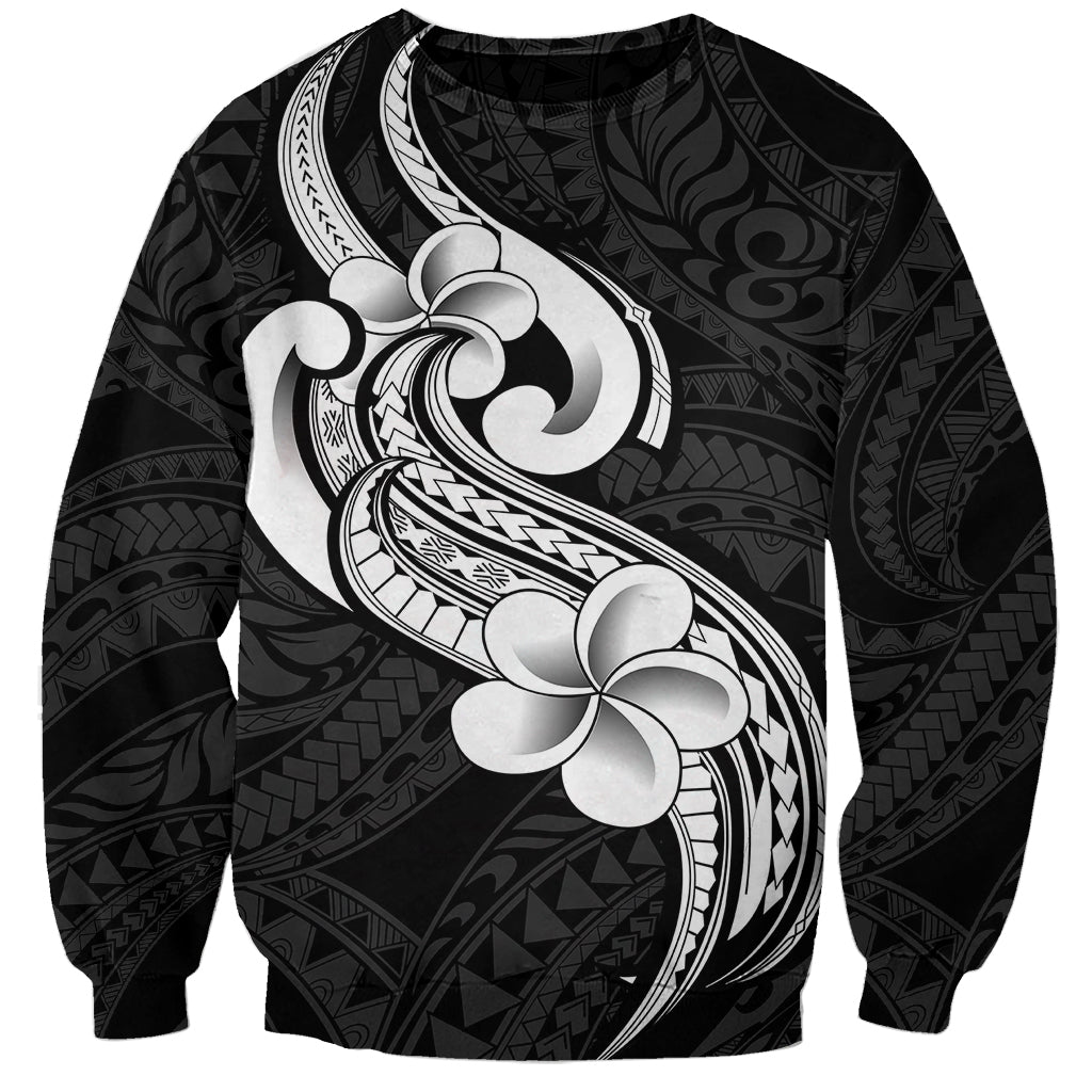 Polynesia Sweatshirt Plumeria With Tribal Pattern Black Vibes - Wonder Print Shop