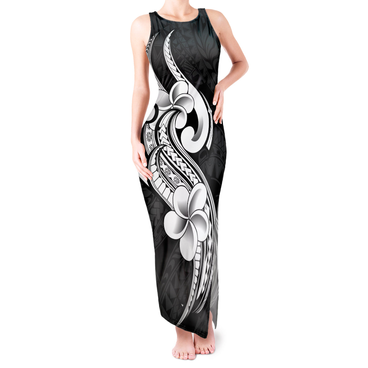 Polynesia Tank Maxi Dress Plumeria With Tribal Pattern Black Vibes - Wonder Print Shop