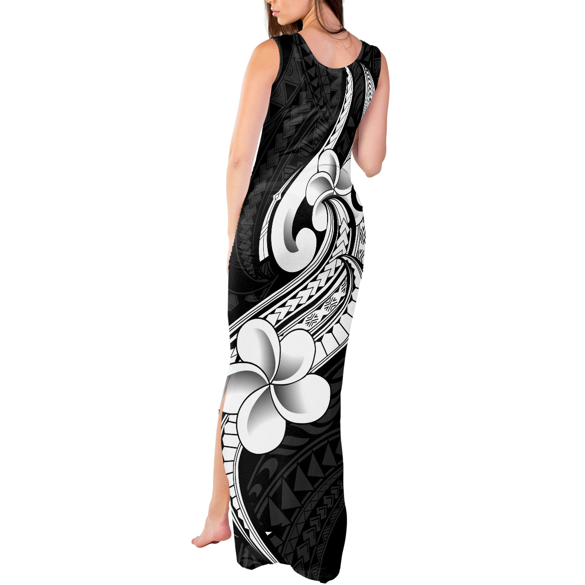 Polynesia Tank Maxi Dress Plumeria With Tribal Pattern Black Vibes - Wonder Print Shop
