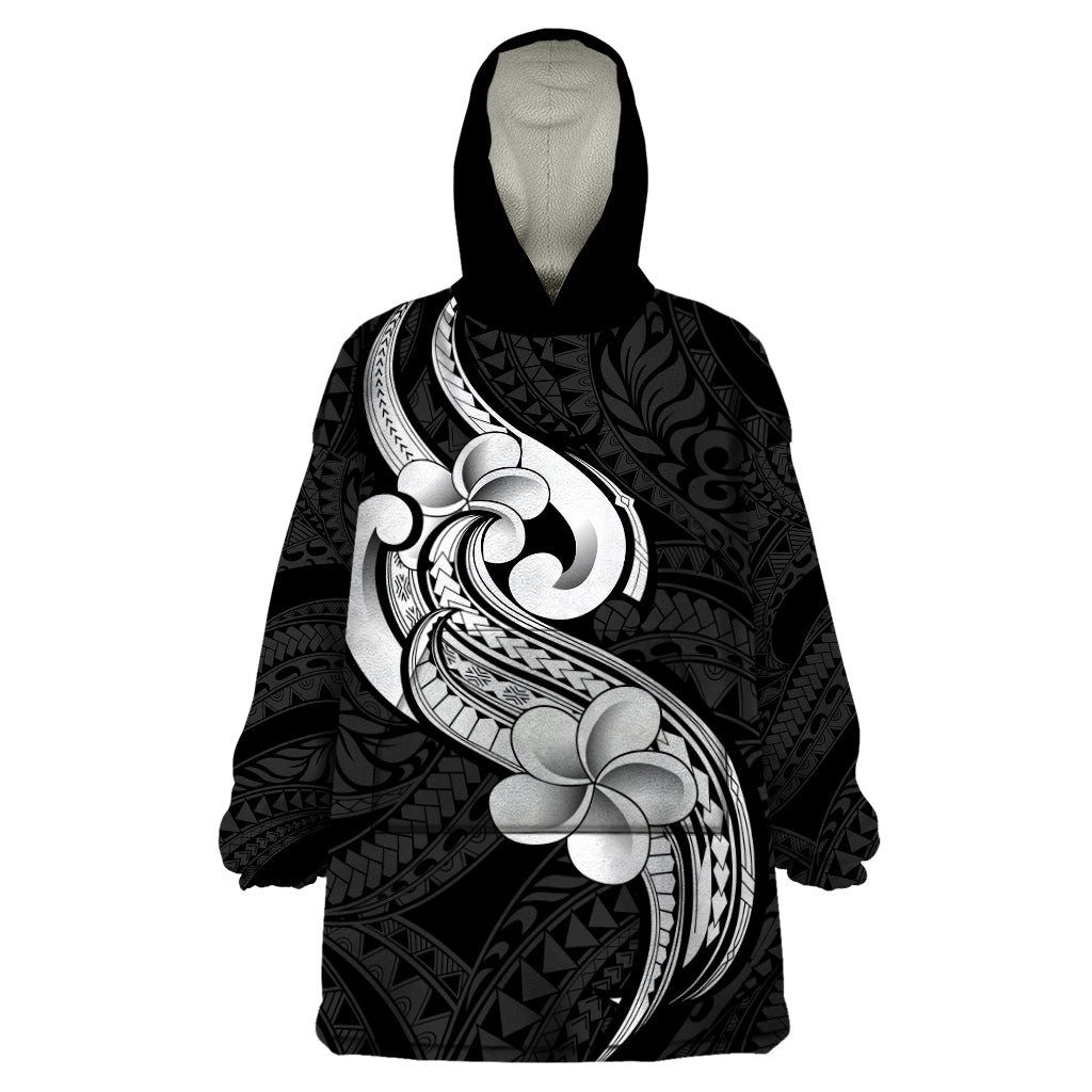 Polynesia Wearable Blanket Hoodie Plumeria With Tribal Pattern Black Vibes - Wonder Print Shop