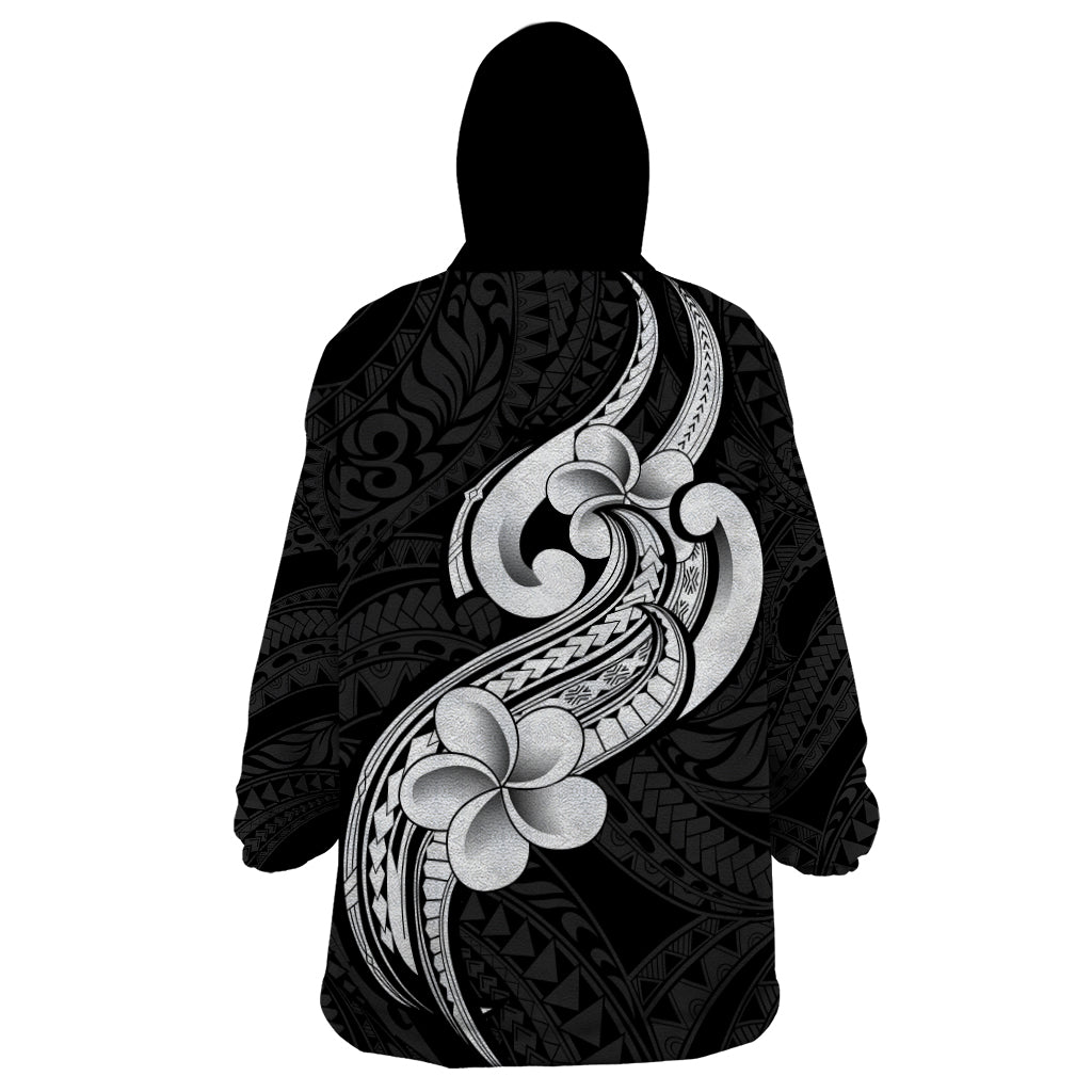 Polynesia Wearable Blanket Hoodie Plumeria With Tribal Pattern Black Vibes - Wonder Print Shop