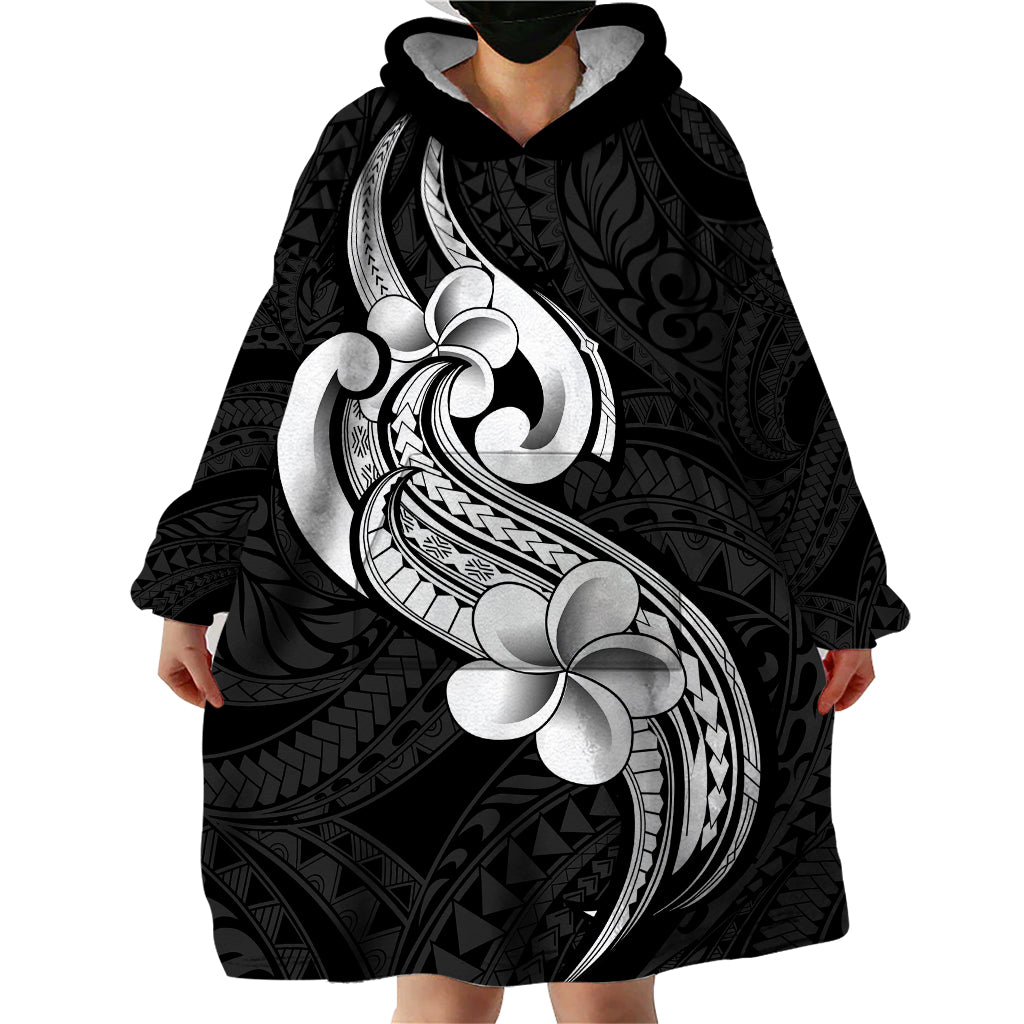 Polynesia Wearable Blanket Hoodie Plumeria With Tribal Pattern Black Vibes - Wonder Print Shop