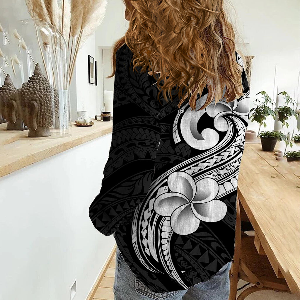 Polynesia Women Casual Shirt Plumeria With Tribal Pattern Black Vibes - Wonder Print Shop