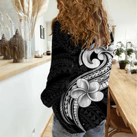 Polynesia Women Casual Shirt Plumeria With Tribal Pattern Black Vibes - Wonder Print Shop