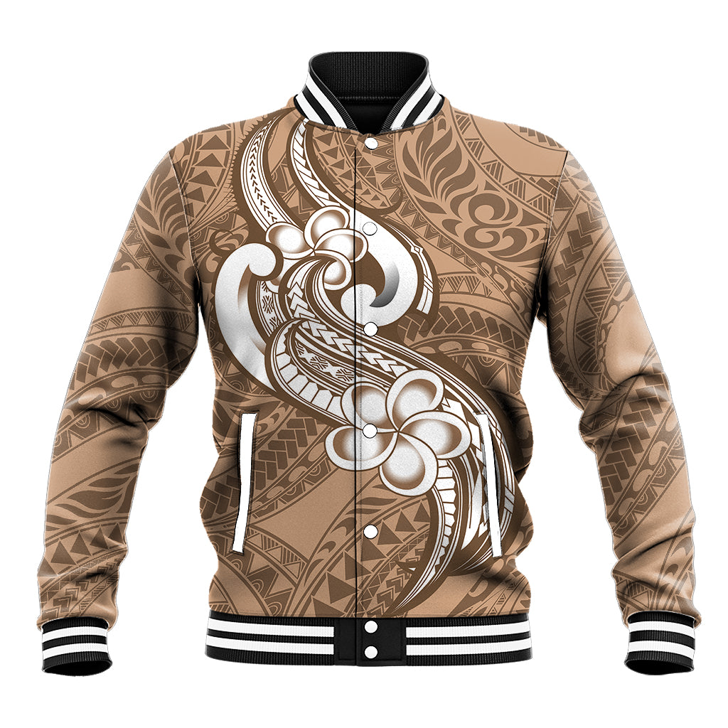 Polynesia Baseball Jacket Plumeria With Tribal Pattern Brown Pastel Vibes - Wonder Print Shop