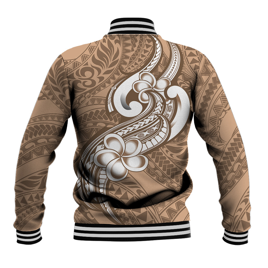 Polynesia Baseball Jacket Plumeria With Tribal Pattern Brown Pastel Vibes - Wonder Print Shop