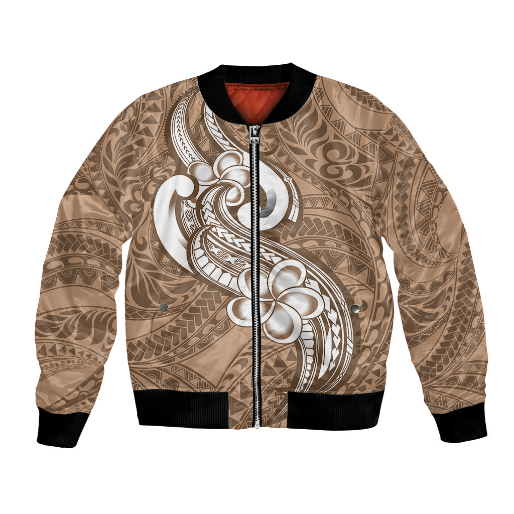 Polynesia Bomber Jacket Plumeria With Tribal Pattern Brown Pastel Vibes - Wonder Print Shop