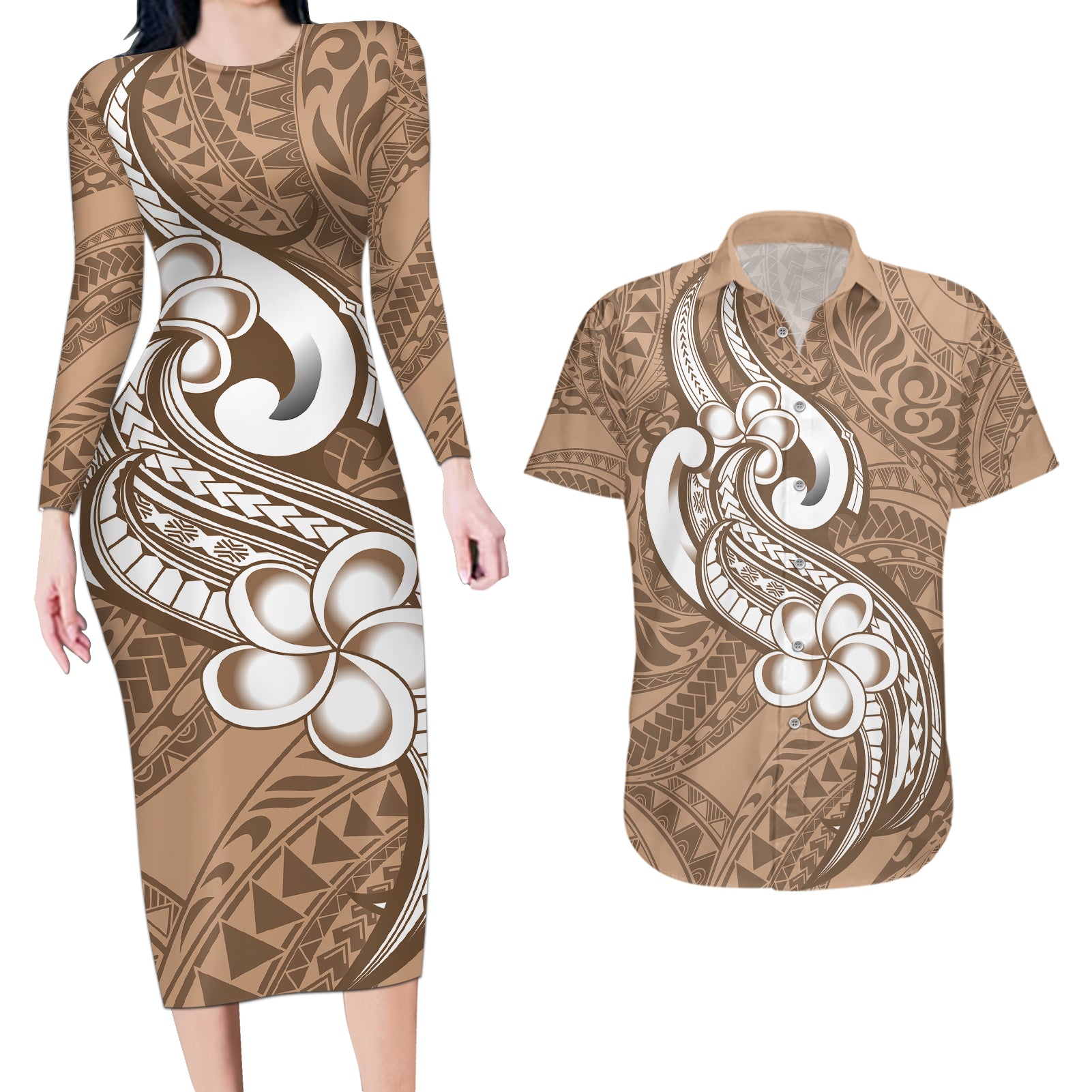 Polynesia Couples Matching Long Sleeve Bodycon Dress and Hawaiian Shirt Plumeria With Tribal Pattern Brown Pastel Vibes - Wonder Print Shop
