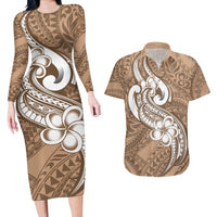Polynesia Couples Matching Long Sleeve Bodycon Dress and Hawaiian Shirt Plumeria With Tribal Pattern Brown Pastel Vibes - Wonder Print Shop