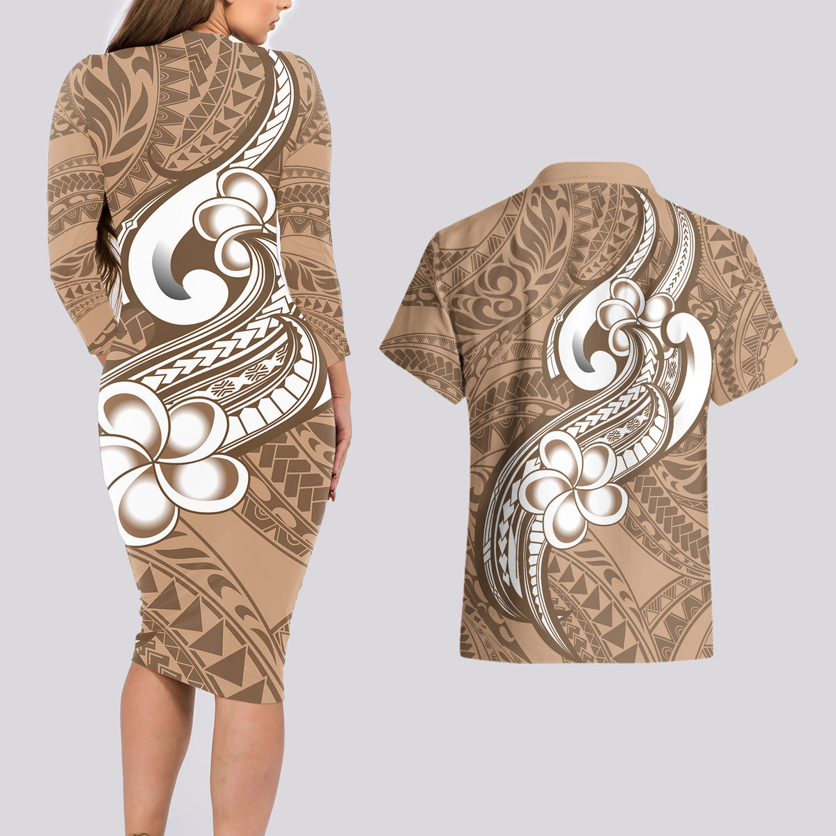 Polynesia Couples Matching Long Sleeve Bodycon Dress and Hawaiian Shirt Plumeria With Tribal Pattern Brown Pastel Vibes - Wonder Print Shop