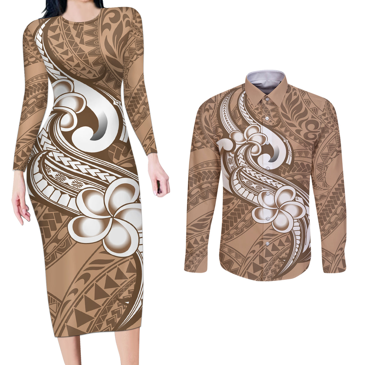 Polynesia Couples Matching Long Sleeve Bodycon Dress and Long Sleeve Button Shirts Plumeria With Tribal Pattern Brown Pastel Vibes - Wonder Print Shop