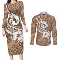 Polynesia Couples Matching Long Sleeve Bodycon Dress and Long Sleeve Button Shirts Plumeria With Tribal Pattern Brown Pastel Vibes - Wonder Print Shop