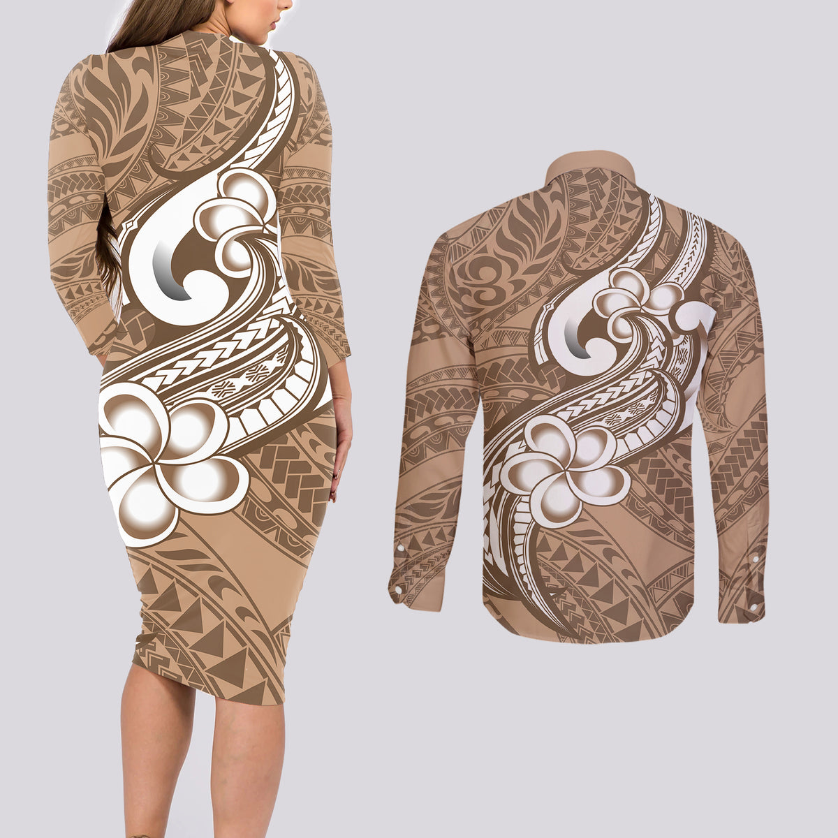 Polynesia Couples Matching Long Sleeve Bodycon Dress and Long Sleeve Button Shirts Plumeria With Tribal Pattern Brown Pastel Vibes - Wonder Print Shop