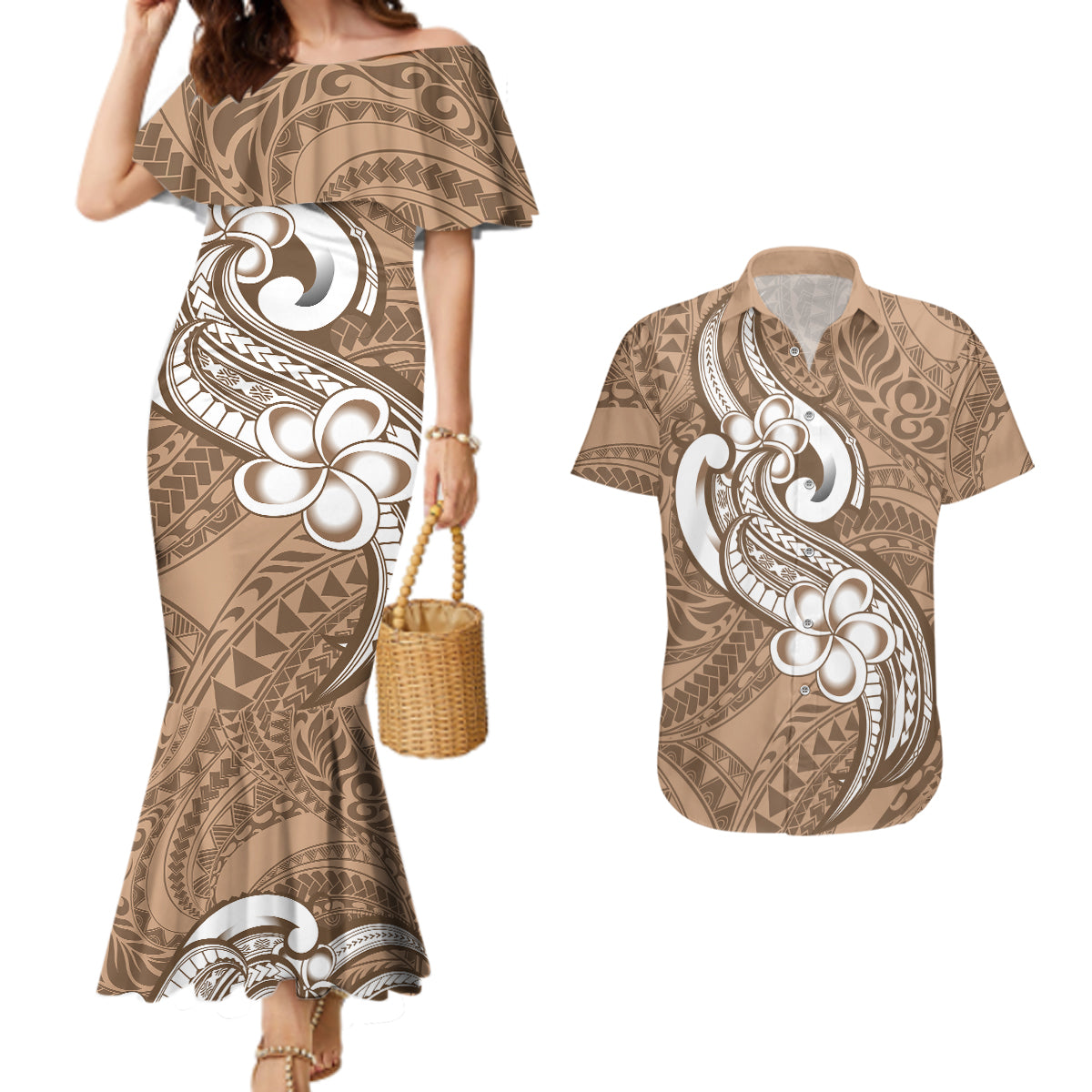 Polynesia Couples Matching Mermaid Dress and Hawaiian Shirt Plumeria With Tribal Pattern Brown Pastel Vibes - Wonder Print Shop