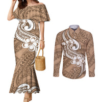 polynesia-couples-matching-mermaid-dress-and-long-sleeve-button-shirts-plumeria-with-tribal-pattern-brown-pastel-vibes