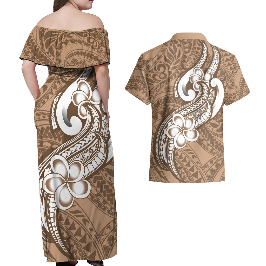 Polynesia Couples Matching Off Shoulder Maxi Dress and Hawaiian Shirt Plumeria With Tribal Pattern Brown Pastel Vibes - Wonder Print Shop