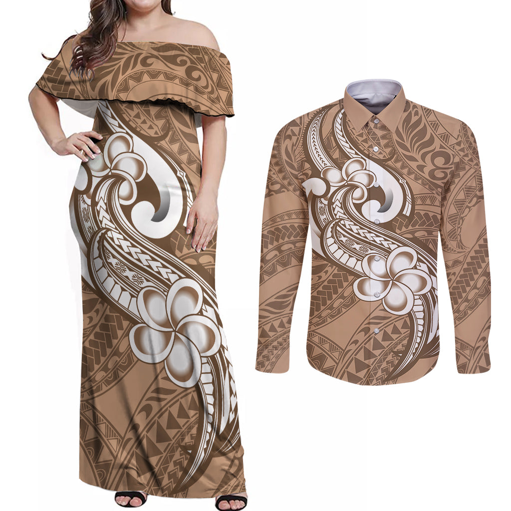 Polynesia Couples Matching Off Shoulder Maxi Dress and Long Sleeve Button Shirts Plumeria With Tribal Pattern Brown Pastel Vibes - Wonder Print Shop