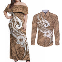 Polynesia Couples Matching Off Shoulder Maxi Dress and Long Sleeve Button Shirts Plumeria With Tribal Pattern Brown Pastel Vibes - Wonder Print Shop