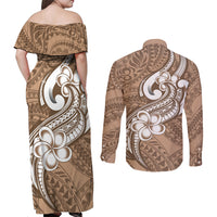 Polynesia Couples Matching Off Shoulder Maxi Dress and Long Sleeve Button Shirts Plumeria With Tribal Pattern Brown Pastel Vibes - Wonder Print Shop