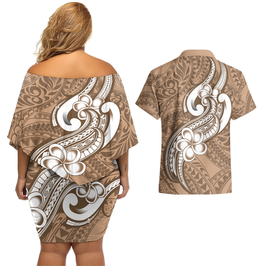 Polynesia Couples Matching Off Shoulder Short Dress and Hawaiian Shirt Plumeria With Tribal Pattern Brown Pastel Vibes - Wonder Print Shop