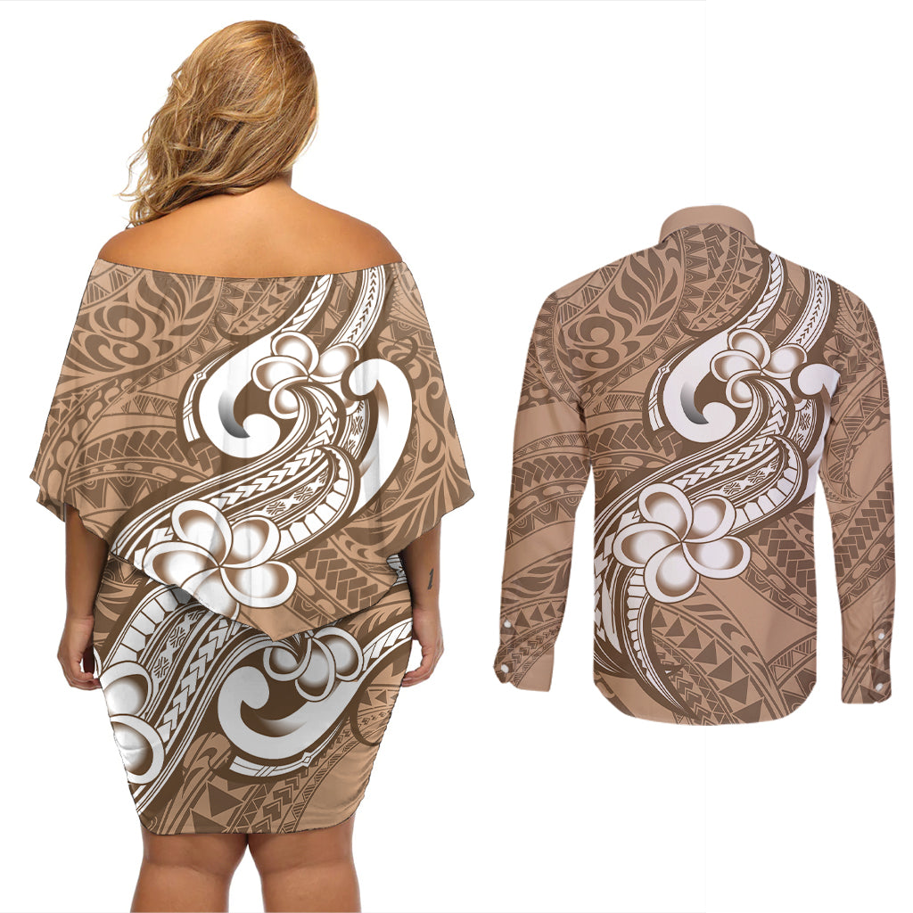 Polynesia Couples Matching Off Shoulder Short Dress and Long Sleeve Button Shirts Plumeria With Tribal Pattern Brown Pastel Vibes - Wonder Print Shop