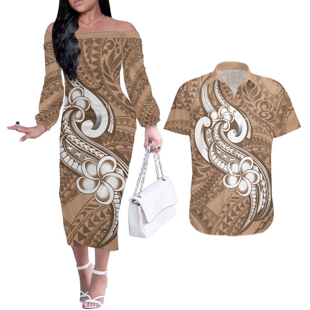 Polynesia Couples Matching Off The Shoulder Long Sleeve Dress and Hawaiian Shirt Plumeria With Tribal Pattern Brown Pastel Vibes - Wonder Print Shop