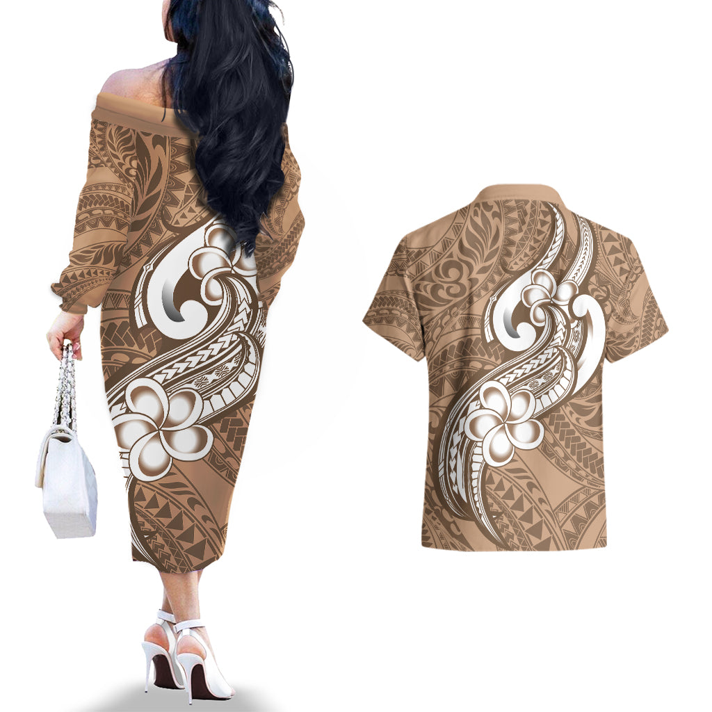 Polynesia Couples Matching Off The Shoulder Long Sleeve Dress and Hawaiian Shirt Plumeria With Tribal Pattern Brown Pastel Vibes - Wonder Print Shop