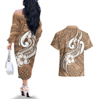 Polynesia Couples Matching Off The Shoulder Long Sleeve Dress and Hawaiian Shirt Plumeria With Tribal Pattern Brown Pastel Vibes - Wonder Print Shop