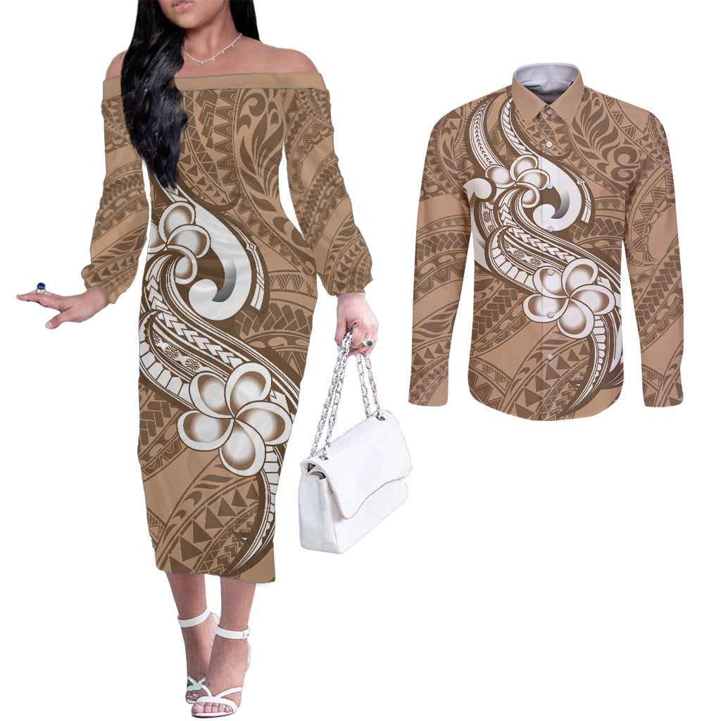 polynesia-couples-matching-off-the-shoulder-long-sleeve-dress-and-long-sleeve-button-shirts-plumeria-with-tribal-pattern-brown-pastel-vibes