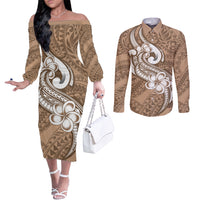 polynesia-couples-matching-off-the-shoulder-long-sleeve-dress-and-long-sleeve-button-shirts-plumeria-with-tribal-pattern-brown-pastel-vibes