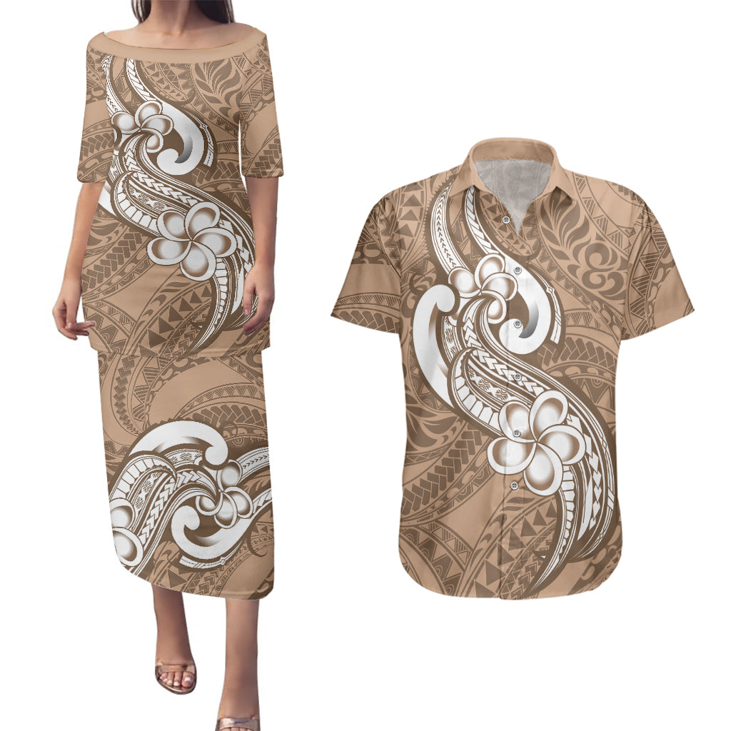 Polynesia Couples Matching Puletasi Dress and Hawaiian Shirt Plumeria With Tribal Pattern Brown Pastel Vibes - Wonder Print Shop