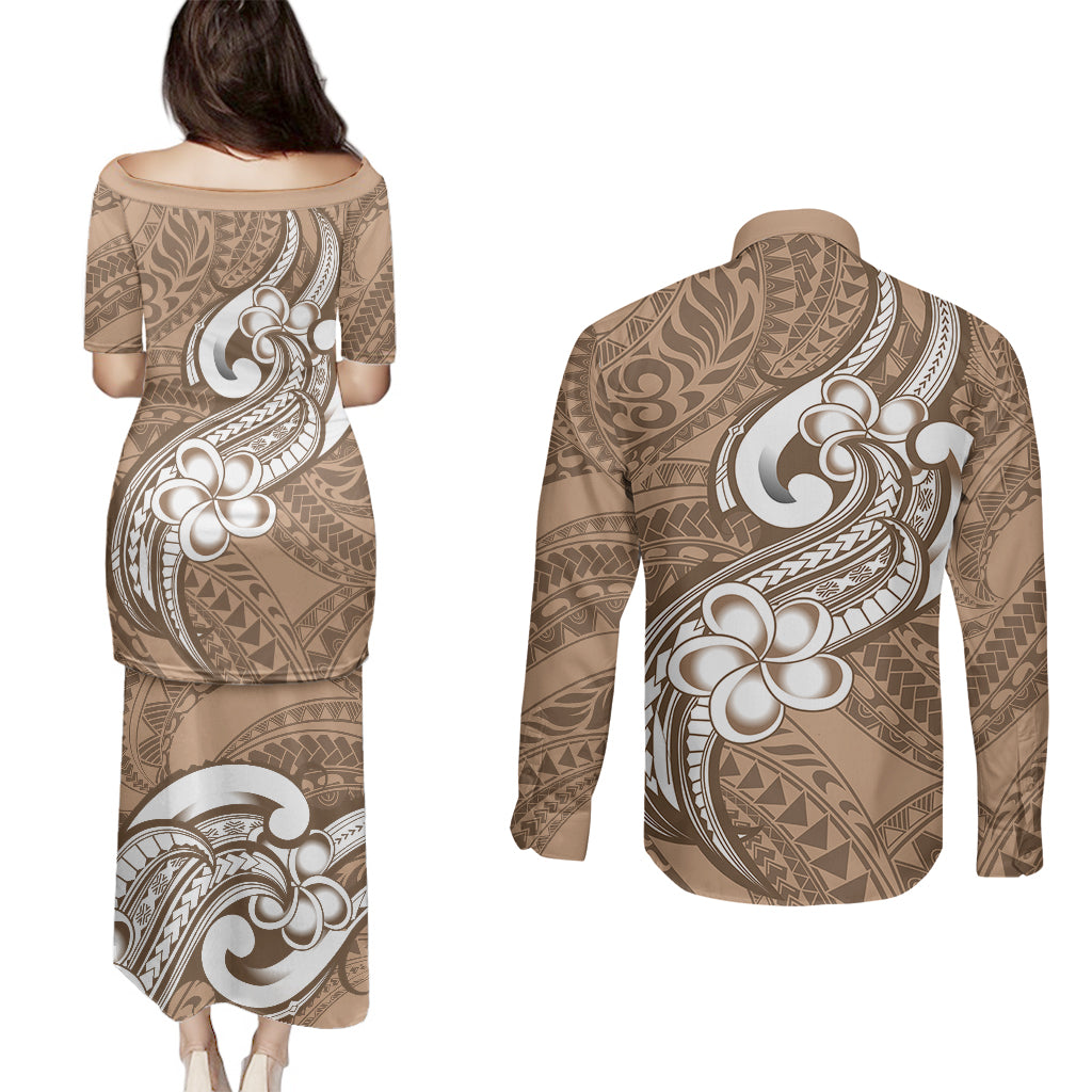 Polynesia Couples Matching Puletasi Dress and Long Sleeve Button Shirts Plumeria With Tribal Pattern Brown Pastel Vibes - Wonder Print Shop