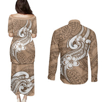Polynesia Couples Matching Puletasi Dress and Long Sleeve Button Shirts Plumeria With Tribal Pattern Brown Pastel Vibes - Wonder Print Shop