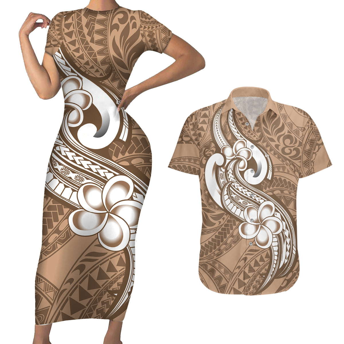 Polynesia Couples Matching Short Sleeve Bodycon Dress and Hawaiian Shirt Plumeria With Tribal Pattern Brown Pastel Vibes - Wonder Print Shop